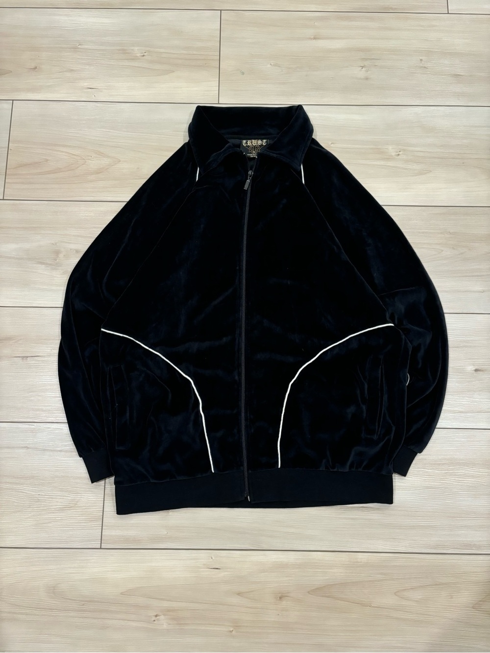 Trust USA Y2K Men's Black Velour Zip-Up Bomber Jacket with Contrast Piping